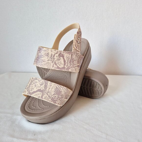 Crocs Brooklyn Snake Printed Low Wedge Platform Sandals Sling Back Beige - Picture 2 of 12